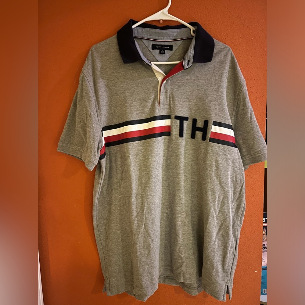 Tommy Hilfiger Gray Polo with Red and White Stripes